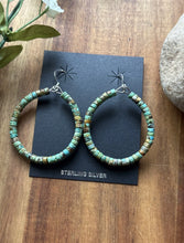 Load image into Gallery viewer, Sterling Silver Green Turquoise Heishi Bead Loop Hoop Earrings.