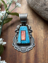 Load image into Gallery viewer, Albert Jake Navajo Sterling Silver Blue Turquoise Spiny Oyster Inlay Pendant