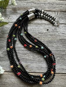 Sterling Silver Multi Strand Black Onyx Multi Stone Bead Necklace. 24 Inch
