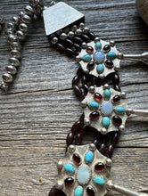 Load image into Gallery viewer, Navajo Sterling Silver Garnet Turquoise Naja Squash Blossom Bead Necklace Signed