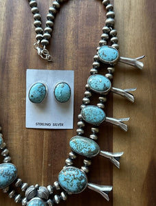 Navajo Sterling Silver White Water Turquoise Squash Blossom Pearls Necklace G