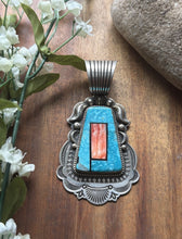Load image into Gallery viewer, Albert Jake Navajo Sterling Silver Blue Turquoise Spiny Oyster Inlay Pendant
