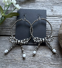 Load image into Gallery viewer, Sterling Silver Bow White Howlite Pearls Hoop Bead Earrings 3.5 Inch