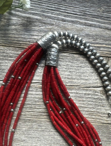 Sterling Silver Multi Strand Red Bamboo Coral Bead Necklace 28 Inch