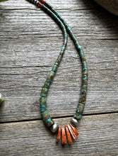 Load image into Gallery viewer, Sterling Silver Orange Spiny Oyster Turquoise Heishi Jackla Bead Necklace 17”