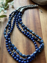 Load image into Gallery viewer, Sterling Silver Multi Strand Stone Lapis Pearls Bead Necklace 24 inch