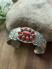 Load image into Gallery viewer, Navajo Native Sterling Silver Red Coral Cluster Cuff Bracelet Rew Dineh