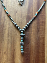 Load image into Gallery viewer, Sterling Silver Spiny Oyster Turquoise Pearls Lariat Y Bead Necklace. 28 inch