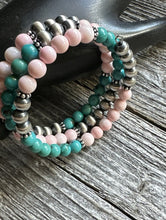Load image into Gallery viewer, Sterling Silver Pink Conch Turquoise Pearls Wrap Spiral Bead Bracelet
