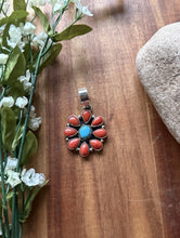 Load image into Gallery viewer, Navajo Sterling Silver Red Coral Turquoise Cluster Pendant LY