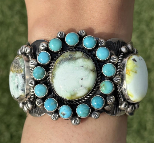 Native American Sterling Silver Palomino Turquoise Cluster Cuff Bracelet. RY