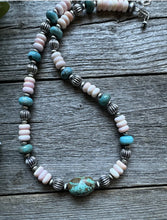Load image into Gallery viewer, Sterling Silver Pink Conch Turquoise Corrugated Bead Necklace 18 Inch
