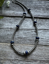 Load image into Gallery viewer, Southwestern Sterling Silver Lapis 4mm Pearls Bead Necklace. 18 Inch. Gift