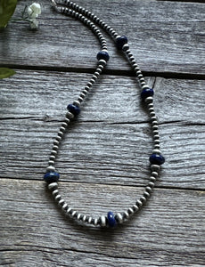 Southwestern Sterling Silver Lapis 4mm Pearls Bead Necklace. 18 Inch. Gift