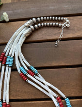 Load image into Gallery viewer, Sterling Silver Multi Strand MOP Mother Of Pearl Turquoise Coral Bead Necklace 24 inch
