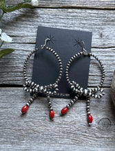 Load image into Gallery viewer, Sterling Silver Bow Red Coral Pearls Hoop Bead Earrings 3.5 Inch