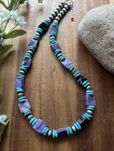 Load image into Gallery viewer, Sterling Silver Purple Charoite Blue Turquoise Pearls Bead Necklace 18 Inch Gift