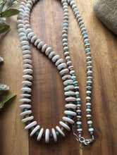 Load image into Gallery viewer, Long Sterling Silver Graduated Pink Conch Turquoise Bead Necklace. 42 inch