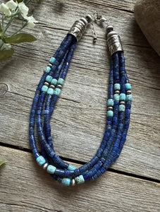 Sterling Silver Multi Strand Lapis Turquoise Pearls Choker Bead Necklace 14 inch