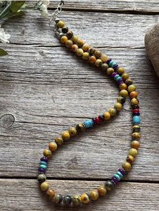 Bumblebee Jasper Multi Stone Color Sterling Silver Bead Necklace. 18 inch Gift