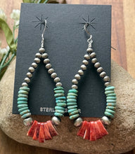 Load image into Gallery viewer, Sterling Silver Turquoise Spiny Oyster Pearls Bead Loop Hoop Earrings. 3 Inch