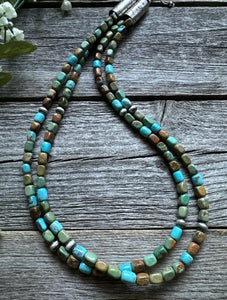 Sterling Silver Multi 2 Strand Blue Green Turquoise Bead Necklace. 20 inch