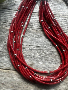 Sterling Silver Multi Strand Red Bamboo Coral Bead Necklace 28 Inch