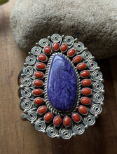 Load image into Gallery viewer, Tonya Rafael Navajo Sterling Silver Purple Charoite Coral Cluster Cuff Bracelet