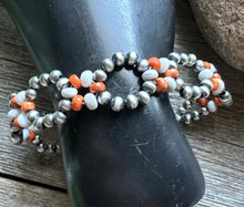 Load image into Gallery viewer, Floral Sterling Silver Orange Spiny Oyster Pearls Bead Bracelet. 7 Inch