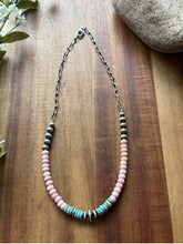 Load image into Gallery viewer, Sterling Silver Graduated Pink Conch Turquoise Pearls Chain Bead Necklace 16inch