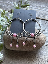 Load image into Gallery viewer, Sterling Silver Bow Pink Conch Pearls Hoop Bead Earrings 3.5 Inch