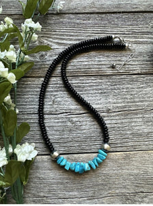 Mens Sterling Silver Black Onyx Turquoise Bead Necklace. 18 Inch