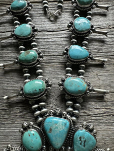 Navajo Sterling Silver Blue Turquoise Squash Blossom Pearls Necklace. K Yazzie