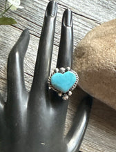 Load image into Gallery viewer, Native American Sterling Silver Blue Turquoise Adjustable Heart Ring. AM