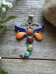 Navajo Sterling Silver Multi Stone Turquoise Dragonfly Pendant Charles Johnson