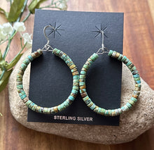 Load image into Gallery viewer, Sterling Silver Green Turquoise Heishi Bead Loop Hoop Earrings.