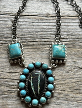 Load image into Gallery viewer, Navajo Sterling Silver Black Jack Turquoise Cluster Lariat Y Bead Necklace KY
