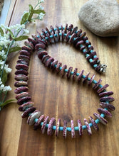 Load image into Gallery viewer, Sterling Silver Graduated Purple Spiny Oyster Turquoise Pearls Bead Necklace 34”
