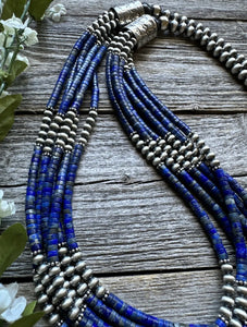 Sterling Silver Multi Strand Lapis W Pearls Bead Necklace. 28 inch