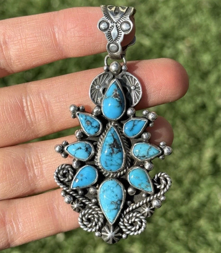 Navajo Native American Handmade Sterling Silver Turquoise Cluster Pendant Geneva