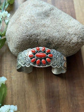 Load image into Gallery viewer, Navajo Native Sterling Silver Red Coral Cluster Cuff Bracelet Rew Dineh