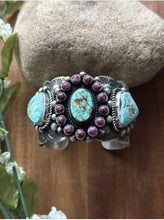 Load image into Gallery viewer, Navajo Sterling Silver Purple Spiny Oyster Turquoise Cluster Cuff Bracelet RY