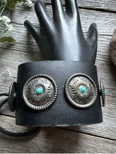 Load image into Gallery viewer, Vintage Native American Sterling Silver Turquoise Leather Band Bracelet 8 Inch