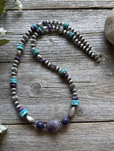 Load image into Gallery viewer, Sterling Silver Charoite Turquoise Bead Necklace. 22 Inch