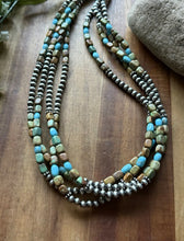 Load image into Gallery viewer, Sterling Silver Multi Strand Blue Green Turquoise Nuggets Pearls Bead Necklace