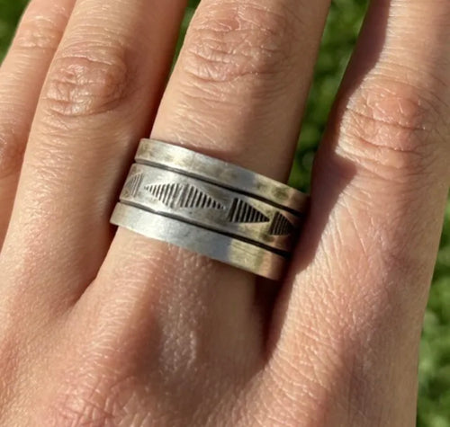 Mens Navajo 925 Sterling Silver Stamped Band Ring. Size 13.5 Handmade. RE