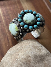 Load image into Gallery viewer, Native American Sterling Silver Palomino Turquoise Cluster Cuff Bracelet. RY