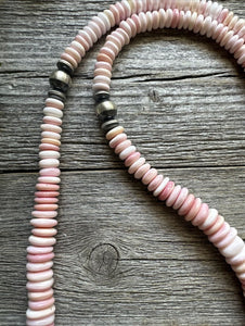 Long Southwestern Sterling Silver Graduated Pink Conch Bead Necklace. 30 Inch