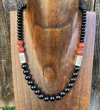 Load image into Gallery viewer, Sterling Silver Apple Coral Black Onyx Kokopelli Bead Necklace. 18 inch.