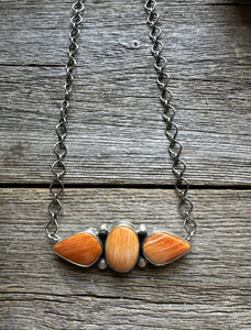 Native American Sterling Silver Orange Spiny Oyster Bar Chain Necklace 16 inch